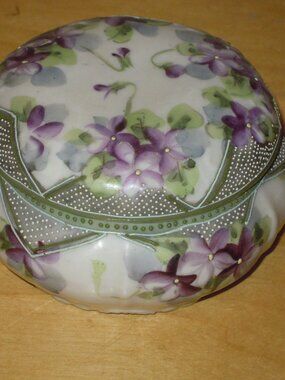 Antique Vintage Purple Violet Floral Ceramic Jewelry Trinket Powder Vanity Box